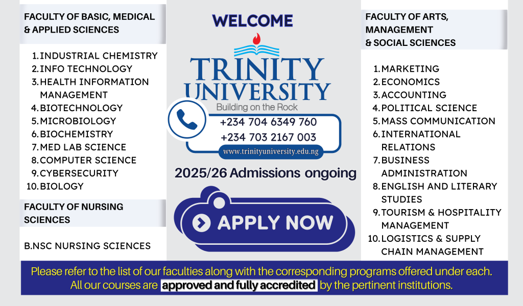 Trinity University, Yaba – 2025/26 Admission Now Open!