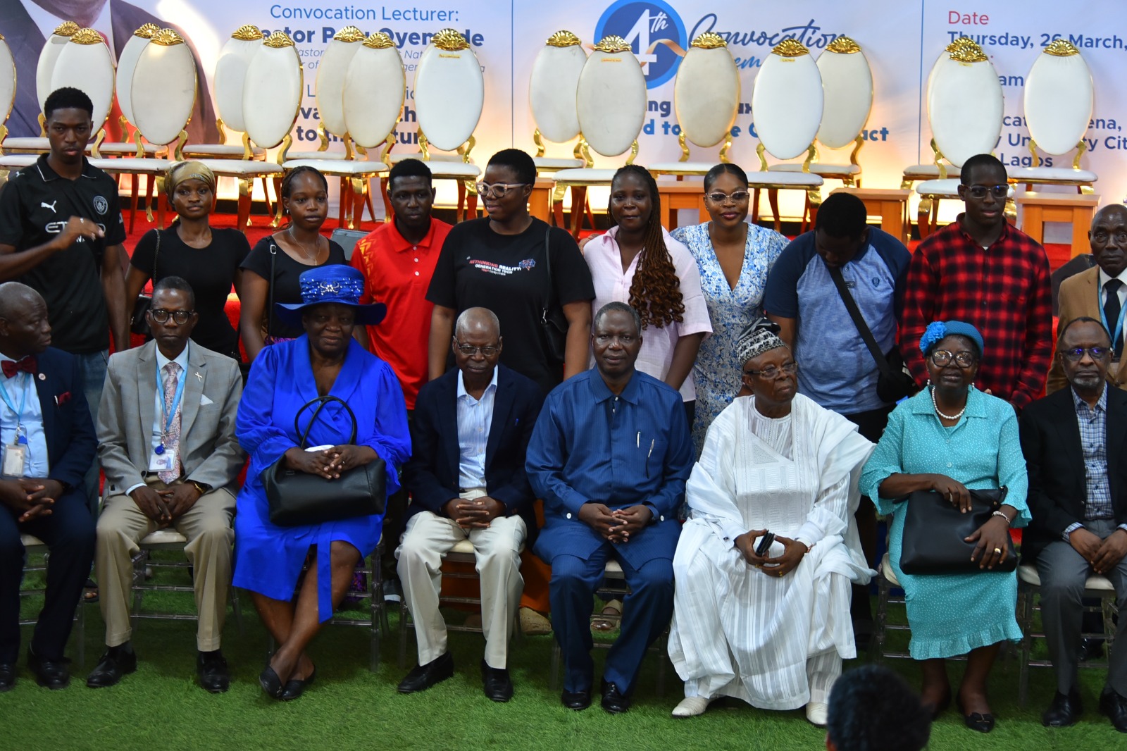 Pastor Samuel Adepitan Adeboye, RCCG Camp,  (front row, 4th from the right), in group photograph with Chairman and members of the Governing Council, after the convocation thanksgiving service)