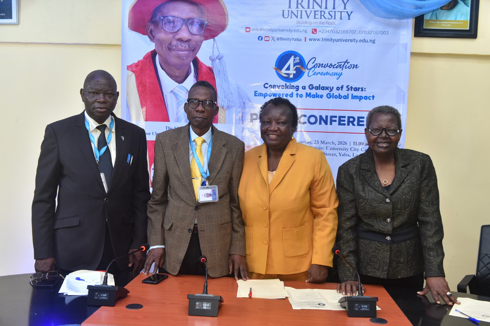 L-R: Registrar, Mr. David O. Oyejide; Vice-Chancellor, Prof. Clement O. O. Kolawole; and members of the Governing Council, Dr. Oluranti Adedayo, and Mrs. Titilayo Akintemi, at the press briefing